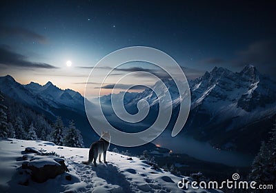 Moonlit Night: Lone Wolf Beneath Full Moon and Starry Sky in Frozen Mountains Stock Photo