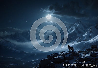 Silent Night: Lone Wolf Beneath Full Moon and Starry Sky in Frozen Mountains Stock Photo