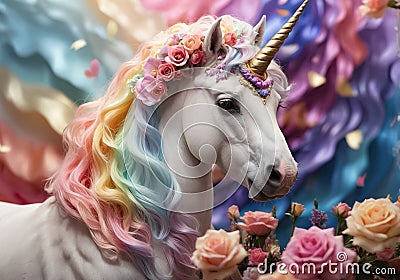 Pastel Dreams: Decorated Majestic Unicorn in Soft Rainbow Surroundings Stock Photo