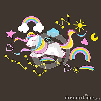 Unicorns collection. Illustration of cute cartoon multi colored Unicorn with rainbow mane. Vector format Vector Illustration