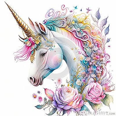 Unicorns, fairies and ranbows in a watercolor on white background Stock Photo