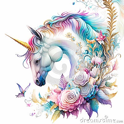 Unicorns, fairies and ranbows in a watercolor on white background Stock Photo