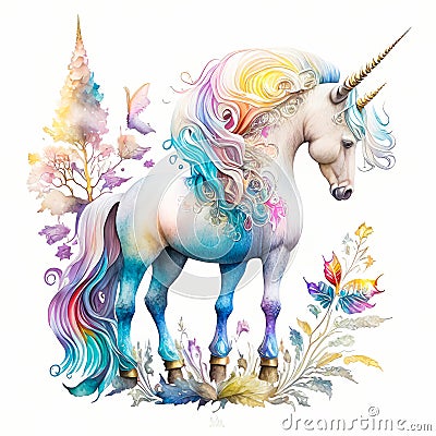 Unicorns, fairies and ranbows in a watercolor on white background Stock Photo