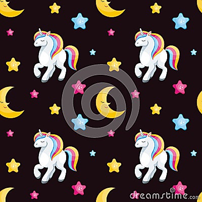 Unicorns and half moon seamless pattern Vector Illustration