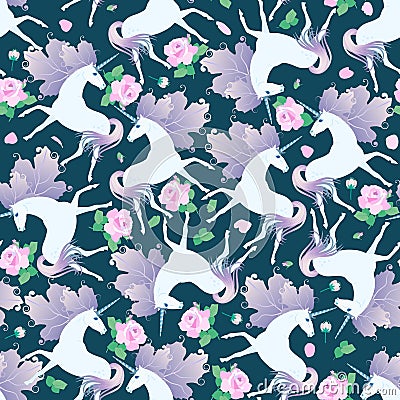 Unicorns with lilac manes in shape of viburnum leaves and beautiful pink roses, leaves, petals and buds on dark green background. Vector Illustration