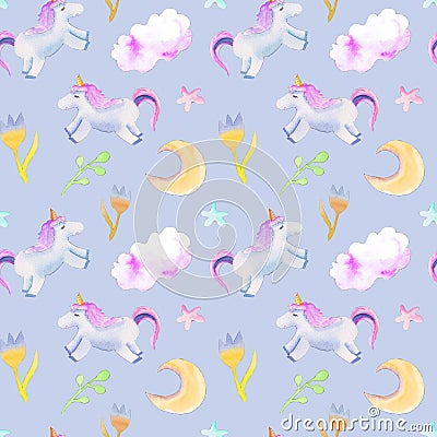 Unicorns, moon, flowers pattern Stock Photo