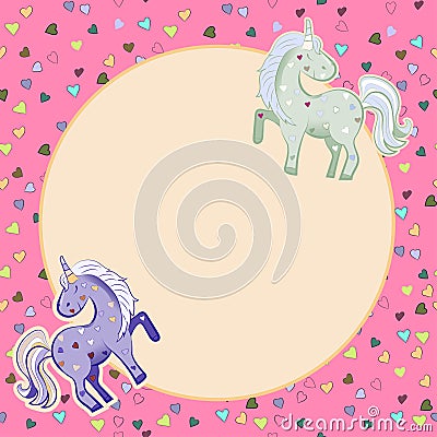 Unicorns in pastel colors on the background of hearts. graphics. Round frame. Illustration for Valentine s Day Stock Photo