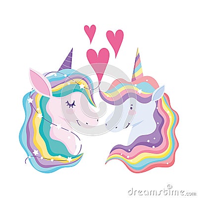 Unicorns rainbow hair animal fantasy love hearts dream cartoon Vector Illustration