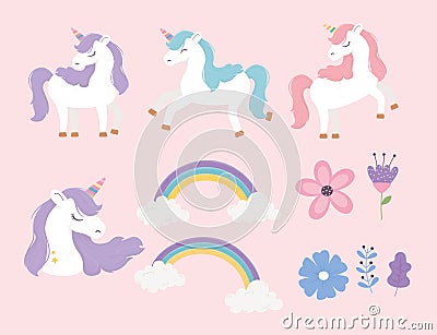 Unicorns rainbows flowers magical fantasy dream cute cartoon set Vector Illustration