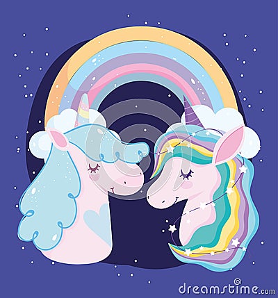 Unicorns stars and rainbow dream magic decoration cartoon Vector Illustration