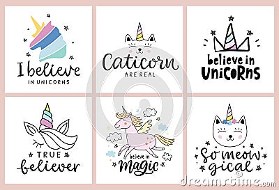 Unicorns vector cute hand drawn lettering poster templates set Vector Illustration