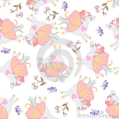 Unicorns with wings of butterfly, birds and flowers isolated on white background seamless gentle pattern Vector Illustration