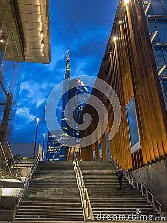 Unicredit Tower and Pavilion Unicredit, Piazza Gae Aulenti, Milan, Italy. 03/30/2018 Editorial Stock Photo