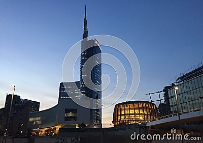 Unicredit Tower and Pavilion Unicredit, Piazza Gae Aulenti, Milan, Italy. 03/29/2017. View of Unicredit Tower Editorial Stock Photo