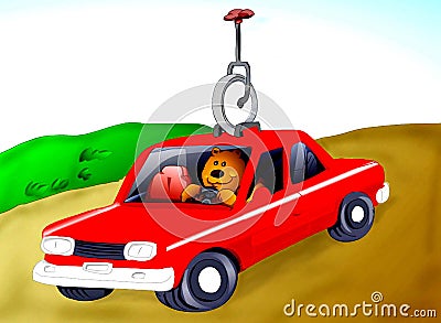 A bear carries his unicycle on the car Stock Photo