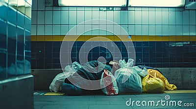 Unidentifiable homeless woman finds refuge amid bags of belongings, sleeping in a subway station Stock Photo