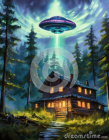 Unidentified Aerial Phenomena UAP as a mysterious alien spaceship above and an old wooden house in the fir forest at night. Stock Photo