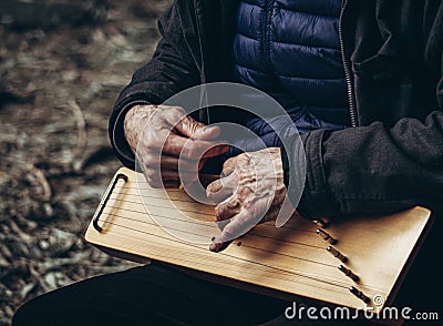 Unidentified elderly man plays the harp. Hands closeup Stock Photo