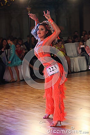 Unidentified female teens age 14-17 compete in latino dance on the Artistic Dance European Championship Editorial Stock Photo