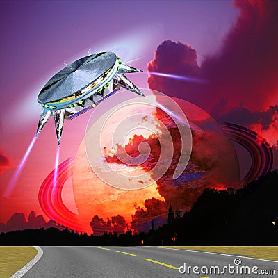 Unidentified flying object landing on the road Cartoon Illustration