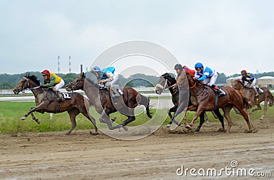 Unidentified horses and jockeys galloping in race at the Belgrade Hippodrome on Jun 19, 2016 in Belgrade, Serbia Editorial Stock Photo