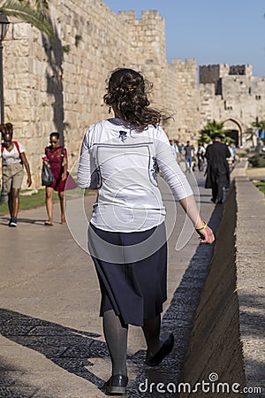 Unidentified Jewish female Yeshiva student in Jerusalem Editorial Stock Photo