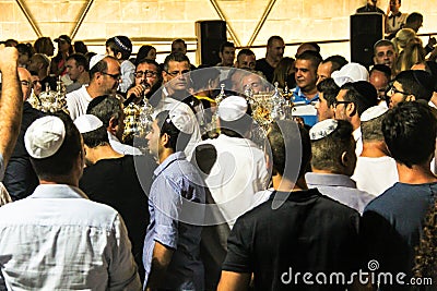 Unidentified jewish people on ceremony of Simhath Torah. Tel Aviv. Editorial Stock Photo