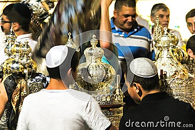 Unidentified jewish people on ceremony of Simhath Torah. Tel Aviv. Editorial Stock Photo