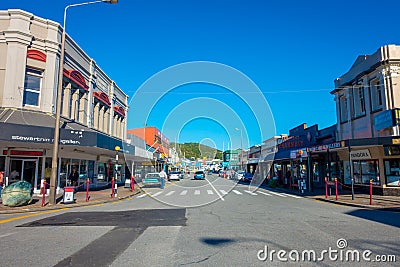 Unidentified people walking in the street in main South Road, Greymouth, New Zealand Editorial Stock Photo