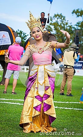 Unidentified thai dancers dancing. Elephant polo games during the 2013 King's Cup Elephant Polo match on August 28, 2013 at Sur Editorial Stock Photo