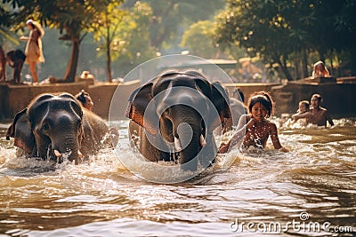 Unidentified Thai people bathing with elephants in the river in Kanchanaburi, Thailand, Elephants bathe in the river, Chiang Mai, Stock Photo