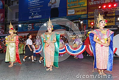 Unidentified thai people traditional dance in the parade at annual festival Thao Suranaree monument Editorial Stock Photo