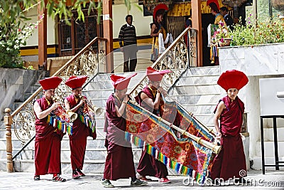 Unidentified tibetan buddhist monks play music for opening ceremony of the Hemis Festival Editorial Stock Photo