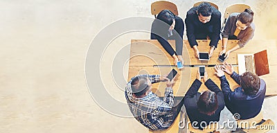 Unified Collaboration Marketing Team Collaborate in office meeting. Group of people using smartphone working Sales Team. Marketing Stock Photo