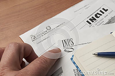 Unified payment form modulo di pagamento unificato of the revenue agency agenzia delle entrate and logos of the INPS and INAIL Editorial Stock Photo