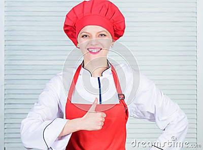 Uniform for professional chef. Lady adorable chef teach culinary arts. Best culinary recipes to try at home. Improve Stock Photo