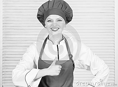 Uniform for professional chef. Lady adorable chef teach culinary arts. Best culinary recipes to try at home. Improve Stock Photo