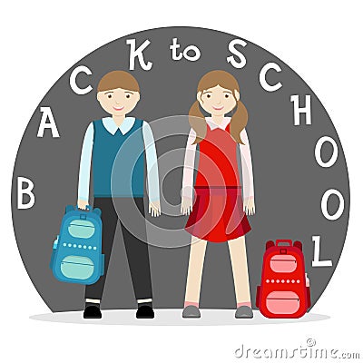 Uniformed elementary school boy and school girl with backpack go back to school. Flat vector illustration Vector Illustration