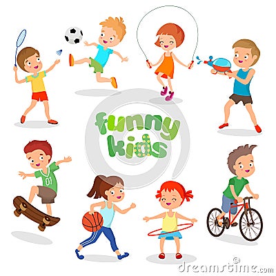 Uniformed happy kids playing sports. Active children vector characters Vector Illustration