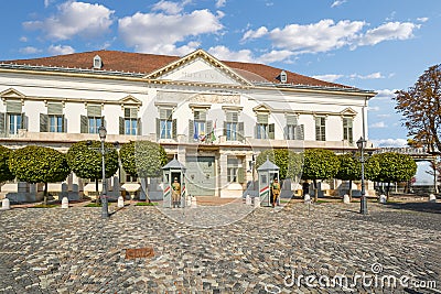 Uniformed soldiers guard the southeastern facade of Sandor Palace in Budapest Hungary, the residence of the Hungarian President Editorial Stock Photo