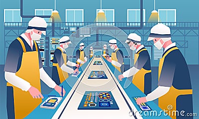 Uniformed workers line up assembling circuit computer board on conveyor belt, electronics factory production activity Vector Illustration