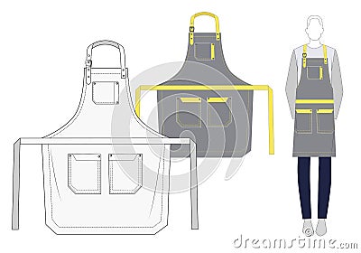 Uniforms Design Apron fashion flat template. Gray and yellow Apron fashion technica Vector Illustration
