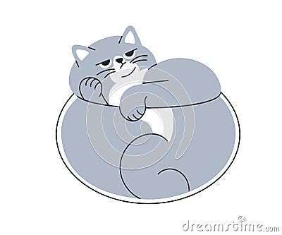 Unimpressed cat curled up, looking skeptical. Chubby feline with doubtful expression, lying, judging. Funny amusing lazy Vector Illustration