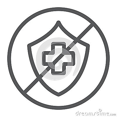 Uninsured line icon, protection and life, crossed shield sign, vector graphics, a linear pattern on a white background. Vector Illustration