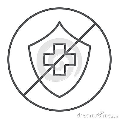 Uninsured thin line icon, protection and life, crossed shield sign, vector graphics, a linear pattern on a white Vector Illustration