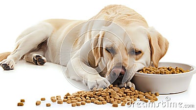 Uninterested Labrador Retriever with a Bowl of Dog Food. Generative ai Cartoon Illustration