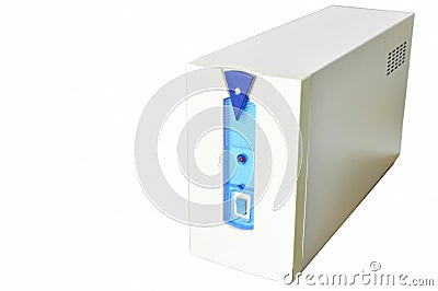 Uninterrupted power supply for electric backup and safety to personal computer on white background Stock Photo