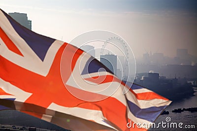 Union Jack flag and iconic London landmarks Editorial Stock Photo