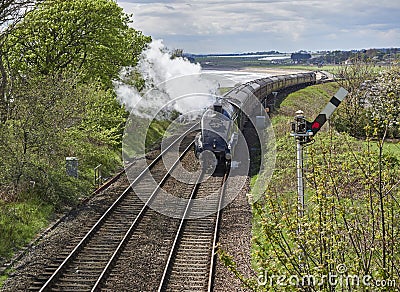 Arbroath, Scotland - 5th May 2019: The Union of South Africa, an A4 Steam Train, built in 1937 passing through Arbroath. Editorial Stock Photo