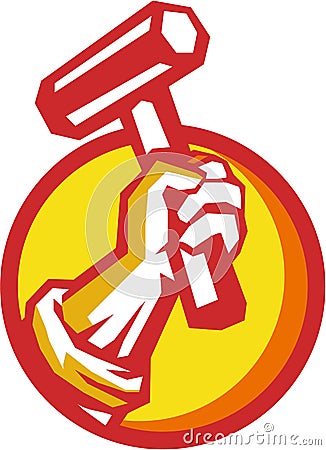 Union Worker Hand Holding Hammer Circle Retro Vector Illustration